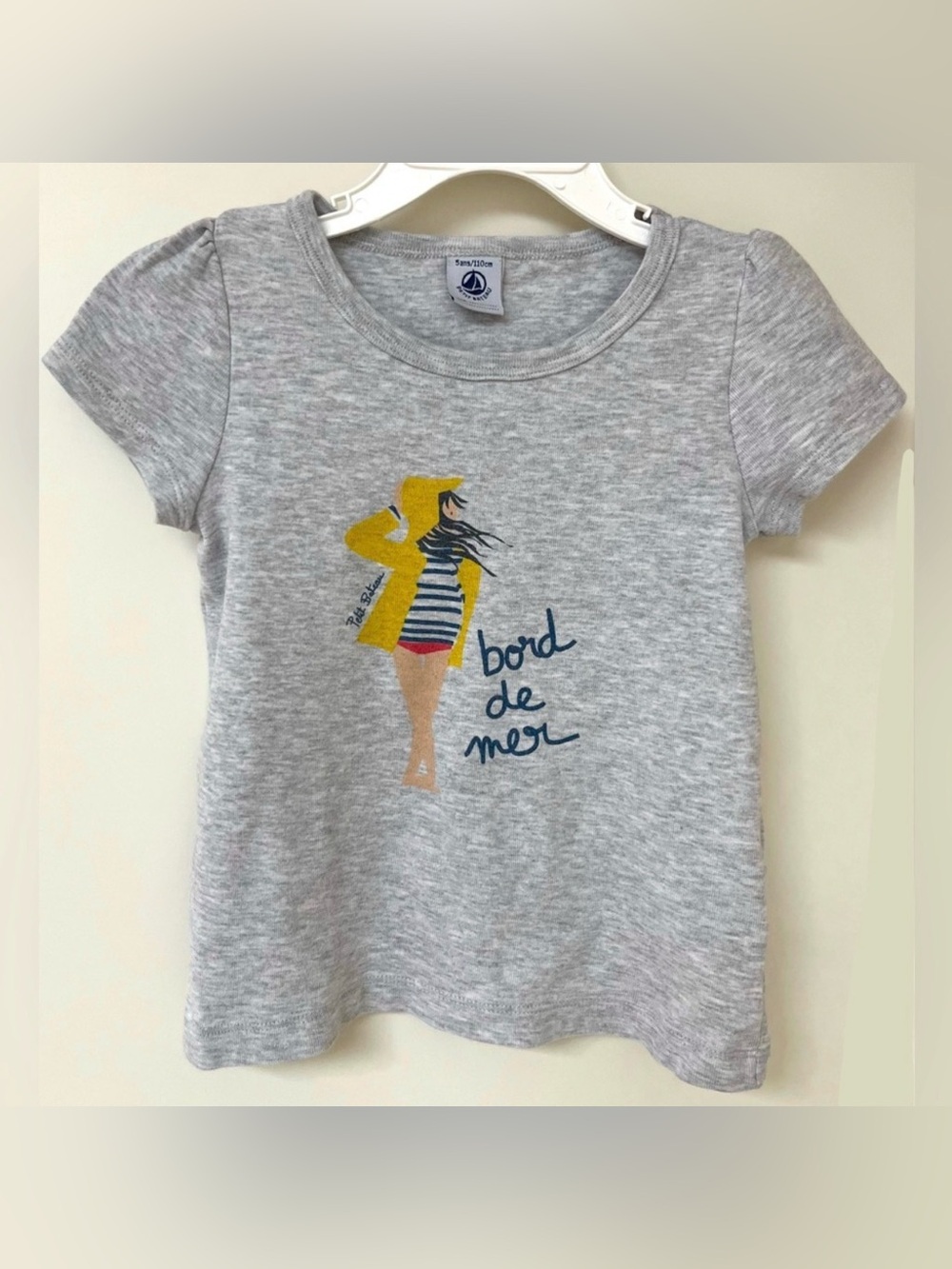 Petit Bateau Paris - Girls Grey Short Sleeve T-shirt Iconic Raincoat Seaside 5Y